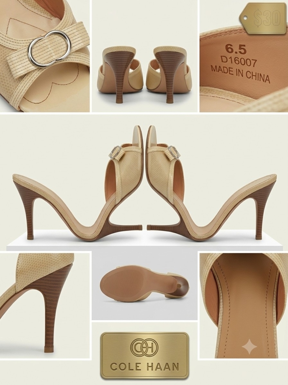 Cole Haan Beige Tan Buckle Mule Heels